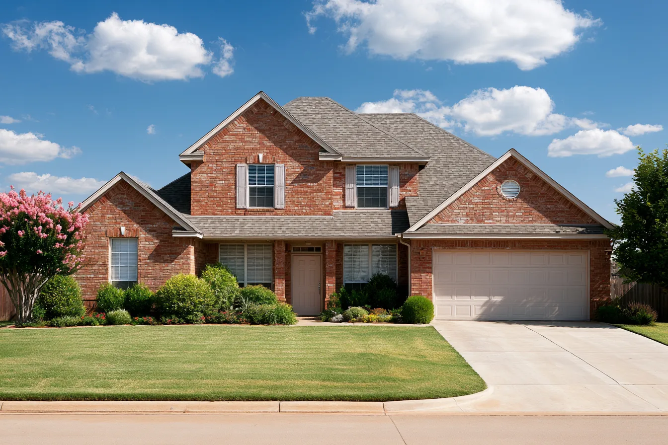 Two-story red brick house with a gray architectural shingle roof